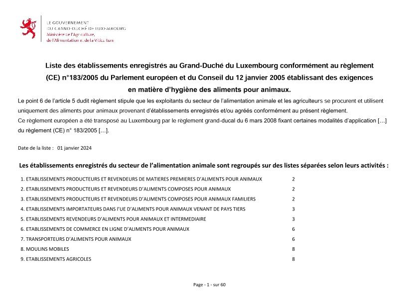 Liste des établissements enregistrés au Grand-Duché du Luxembourg conformément au règlement (CE) n°183/2005 du Parlement européen et du Conseil du 12 janvier 2005 établissant des exigences en matière d’hygiène des aliments pour animaux.