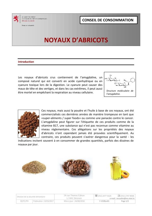 Noyaux d’abricots: Eviter une intoxication à l’acide cyanhydrique (« Blausäure »)