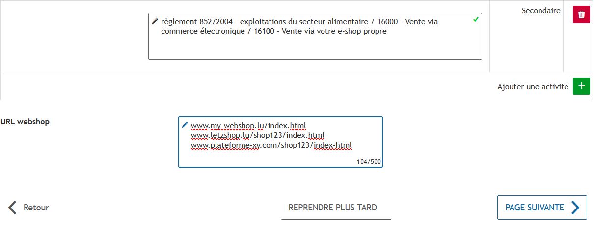 Screenshot de la plateforme MyGuichet qui montre qu'il faut indiquer les URL des webshops utilisés